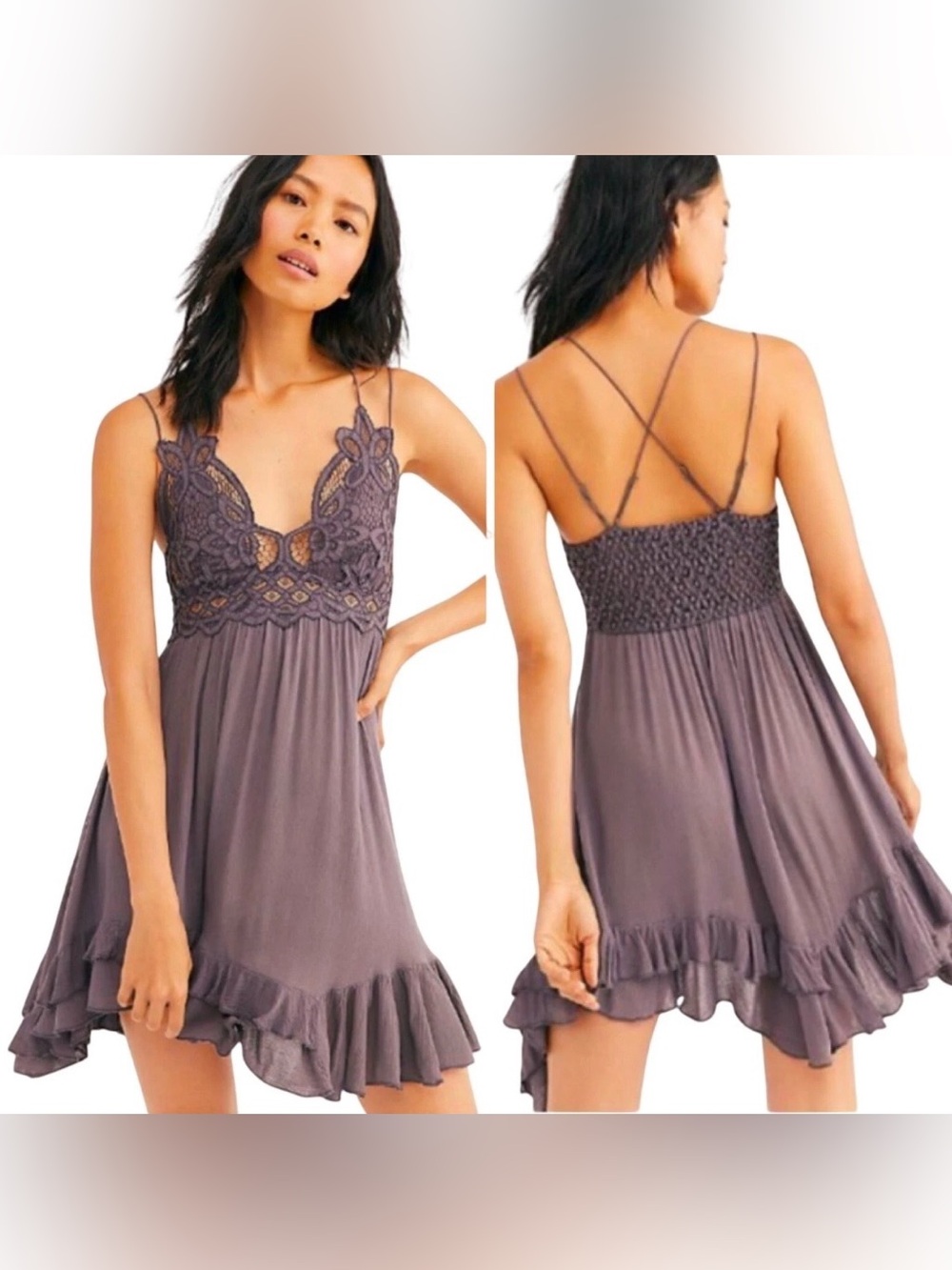 Free People Adella Lace Ruffle Tiered Mini Slip Dress Boho Size Small